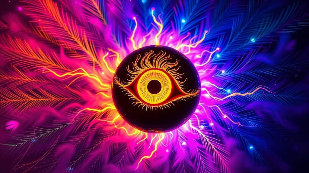 Neon Bioluminescent Feathers in Fibonacci Swirl