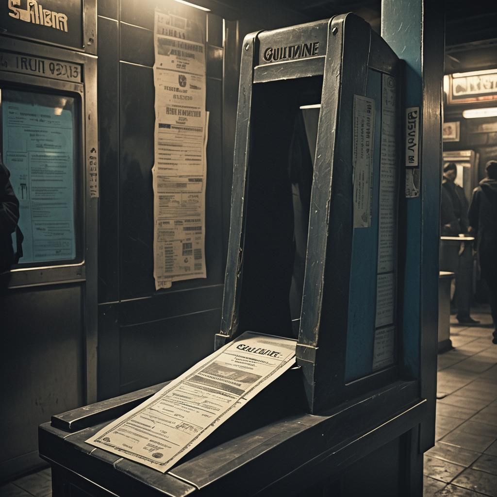 Dark Fantasy Guillotine on Subway Ticket Booth in Moody Ligh...