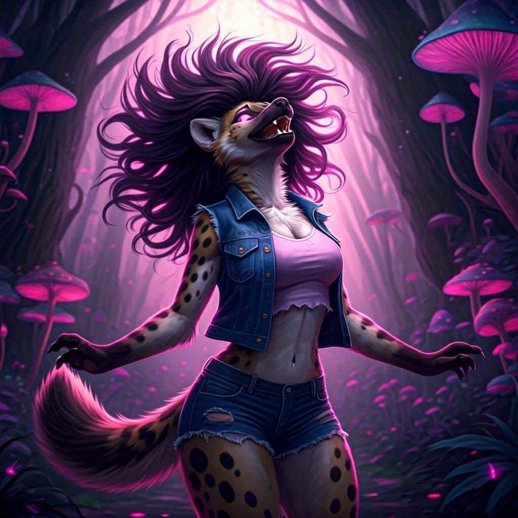 Surreal Dance of a Psychedelic She-Hyena in a Dreamlike Purp...
