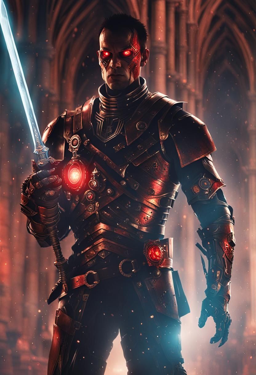 Cyborg Warrior in Gothic Cathedral with Glowing Red Eye