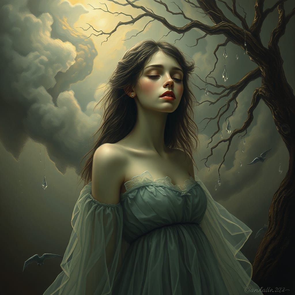 Dreamlike Portrait of a Sorrowful Woman in a Somber Atmosphe...
