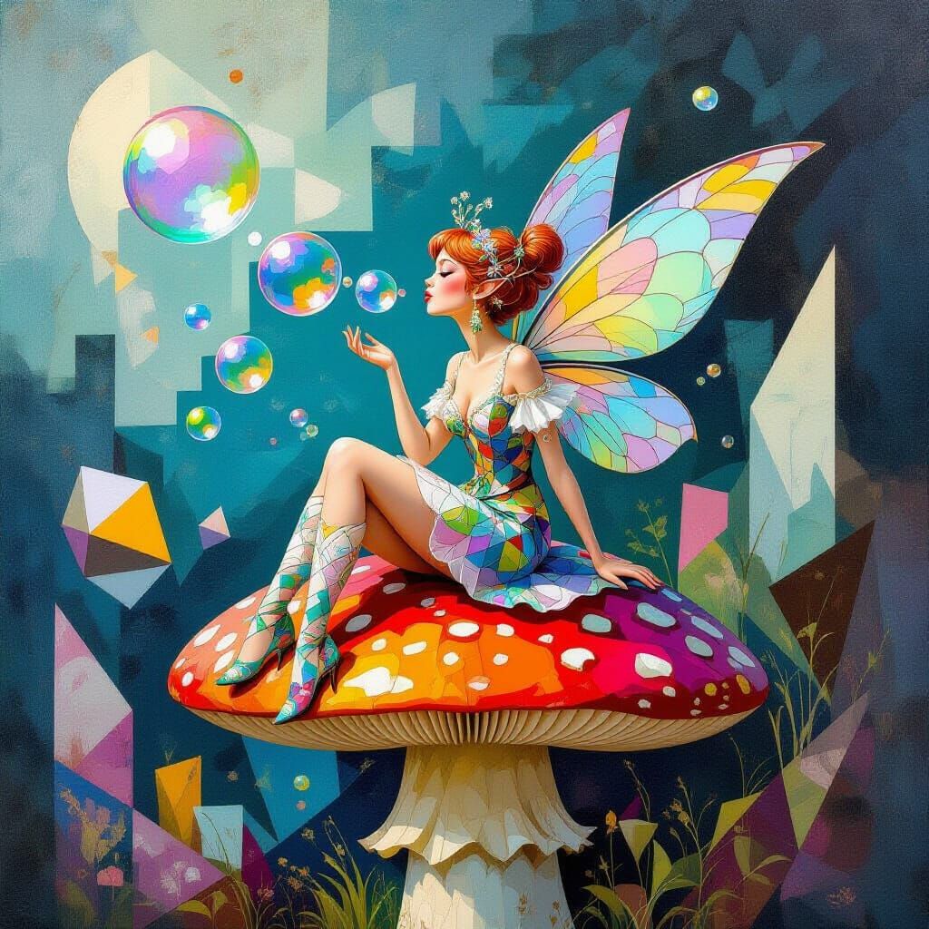 Dreamscape Pixie Blowing Bubbles in Cubist Style