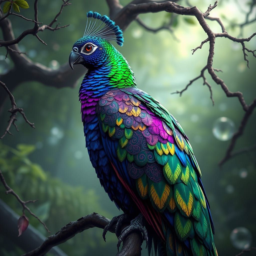 Majestic Iridescent Bird in Mystical Forest