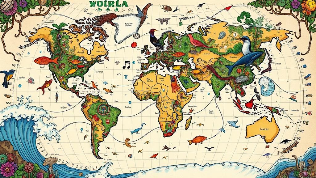 Biopunk Ecosystem Unfolds on Whimsical, Hand-Drawn World Map