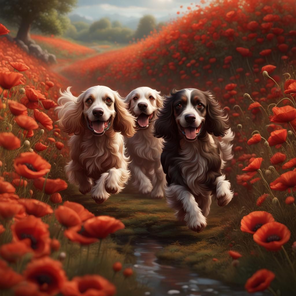 Cocker Spaniels Run through Vibrant Poppies Landscape as Fan...