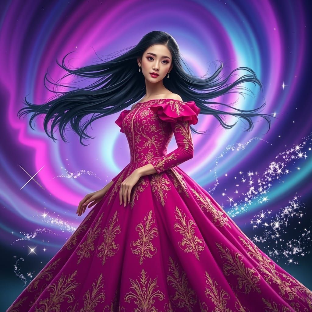 Victorian Asian Woman in Embroidered Gown