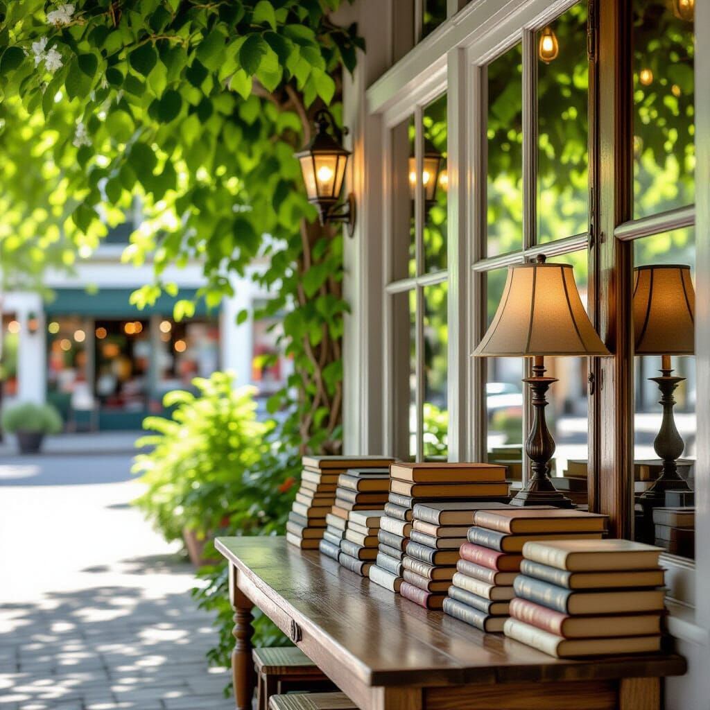 Cozy White Store with Books and Tree Outdoors