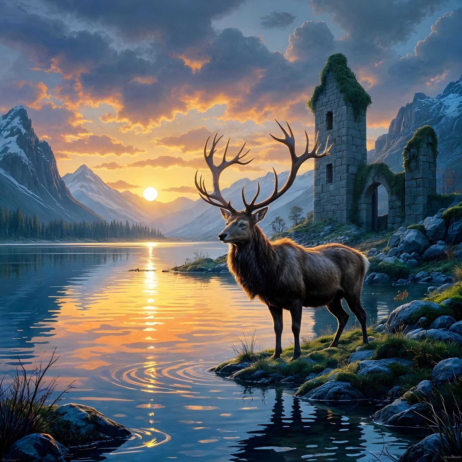 Majestic Stag by Crystal Lake in Autumn Sunrise