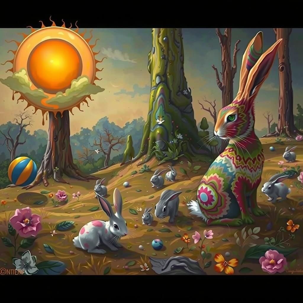 Rabbits in Vibrant, Dreamlike Woodland