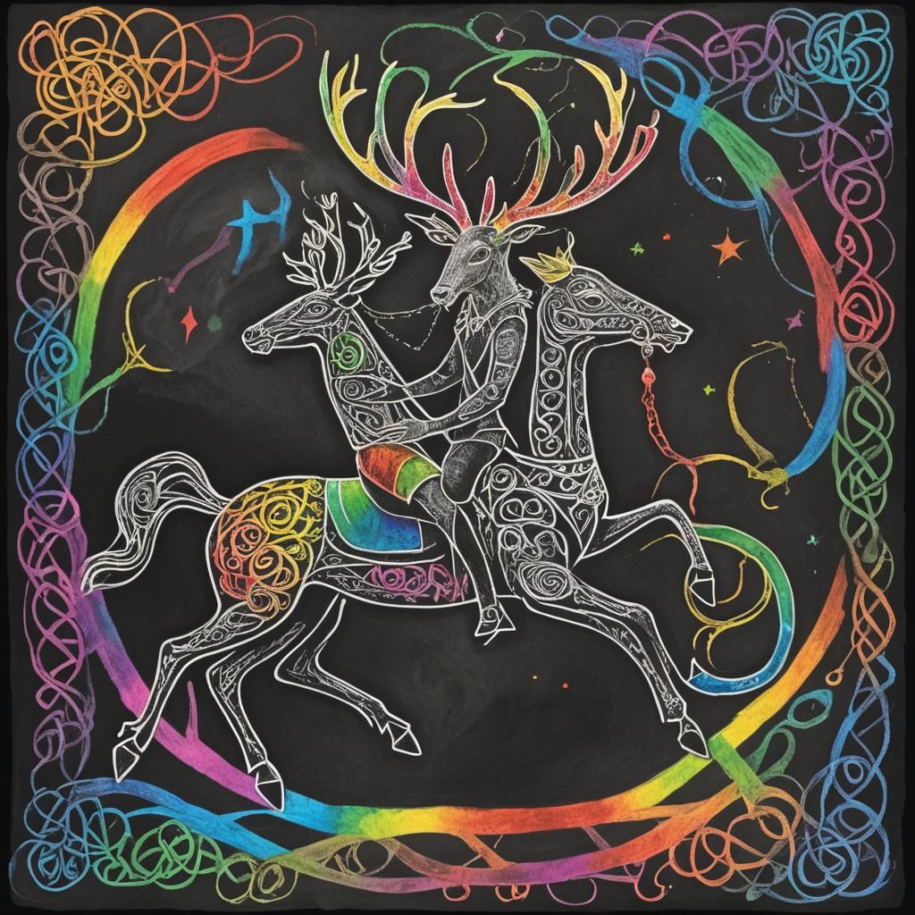 Child's Surreal Artwork: Goth Fairy on Unicorn with Celtic K...