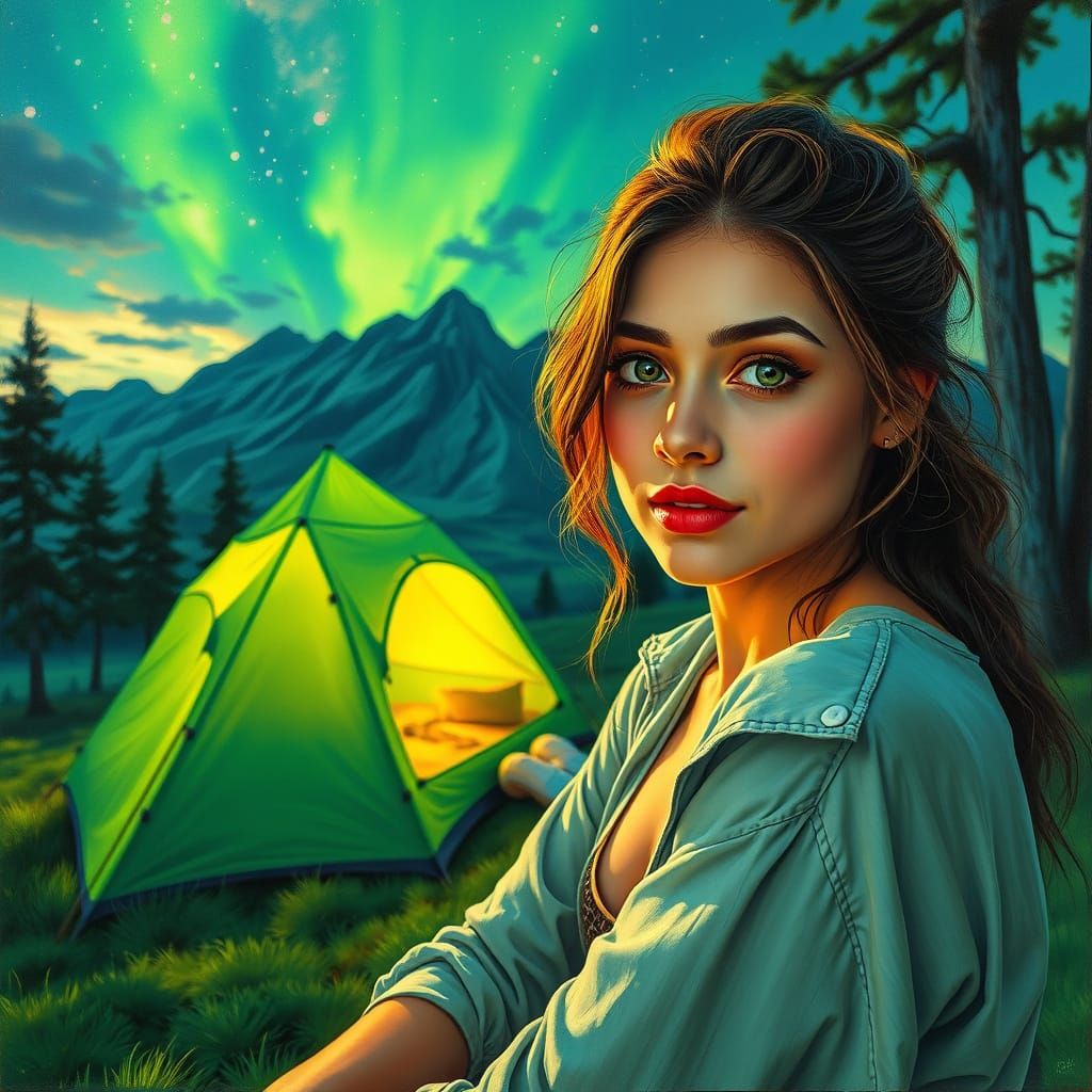 Neon Green Oil Painting: Stunning Woman Camping