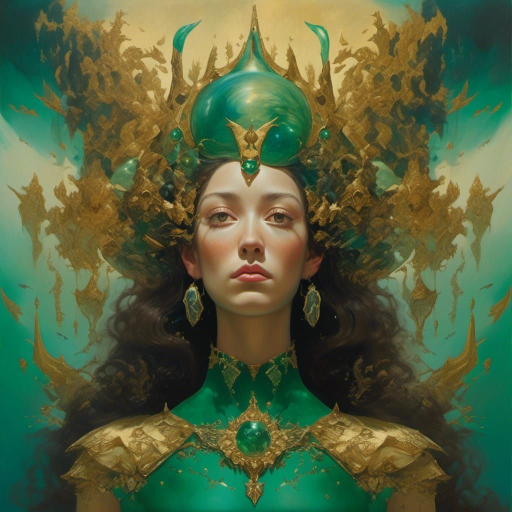 Surrealist Queen of Celestial Realms in Emerald Green and Go...