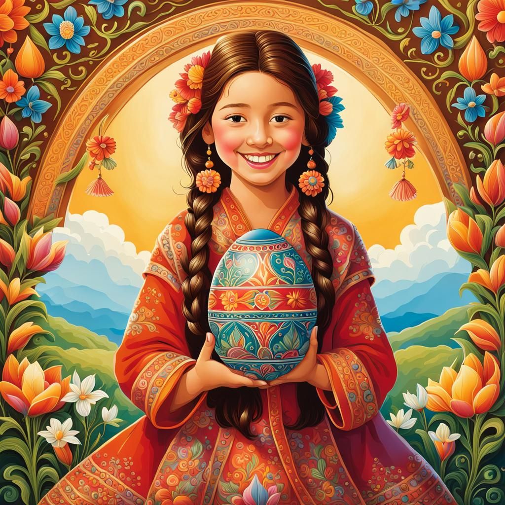 Joyful Girl Showcases Vibrant Folk Art Egg Treasure Against....