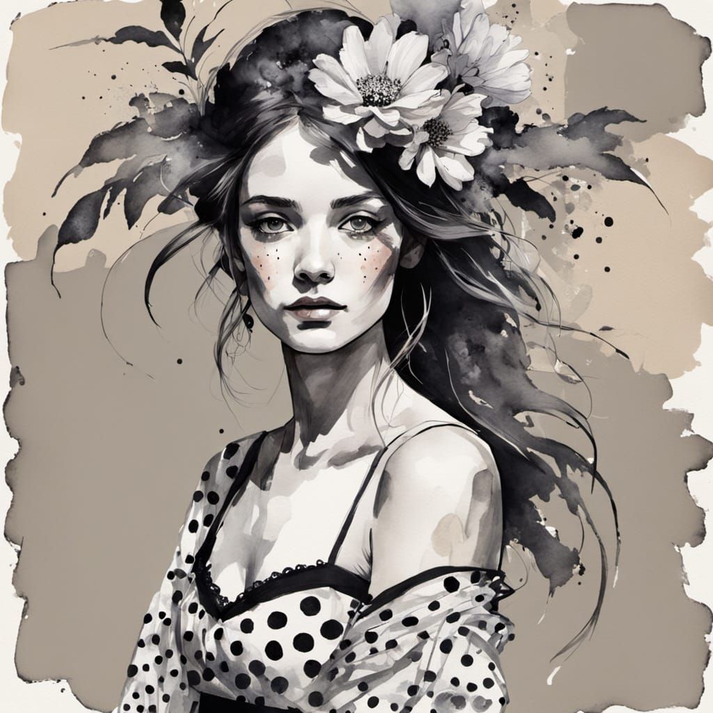 Bohemian Portrait with Polka Dots in Vibrant Inkwash
