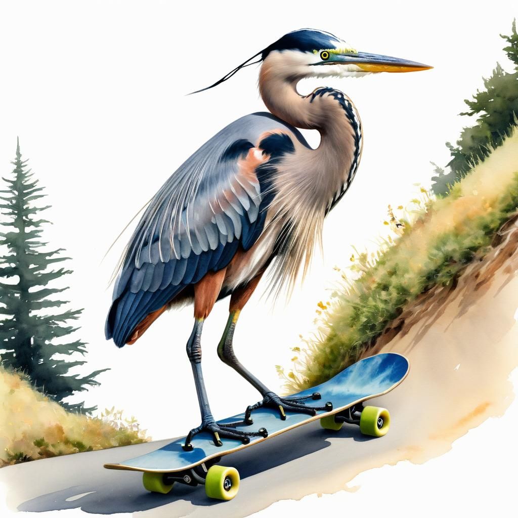 Watercolor Great Blue Heron Rides Skateboard Down San Franci...