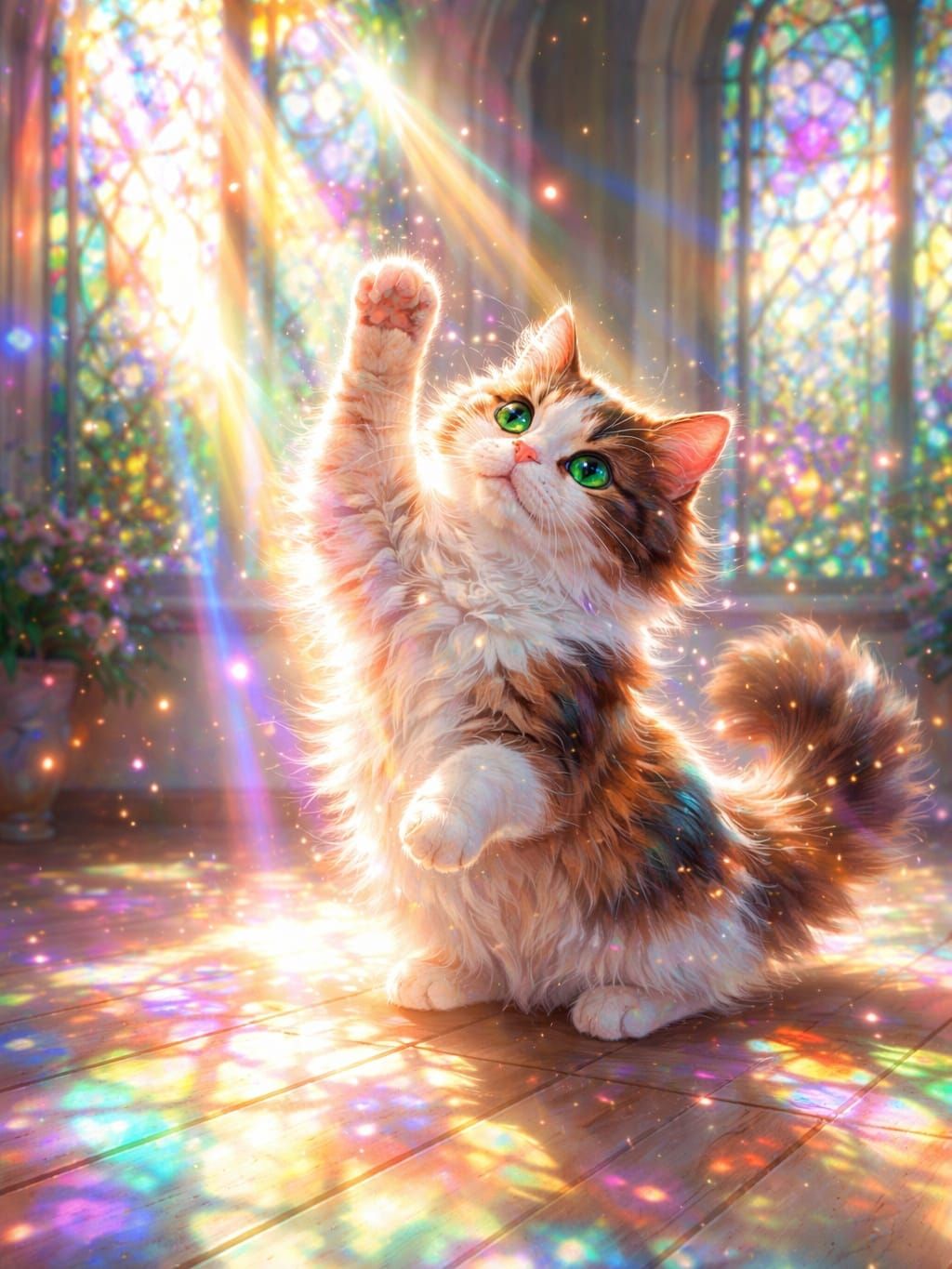 Calico Cat Batting Sunbeams Through Stained Glass