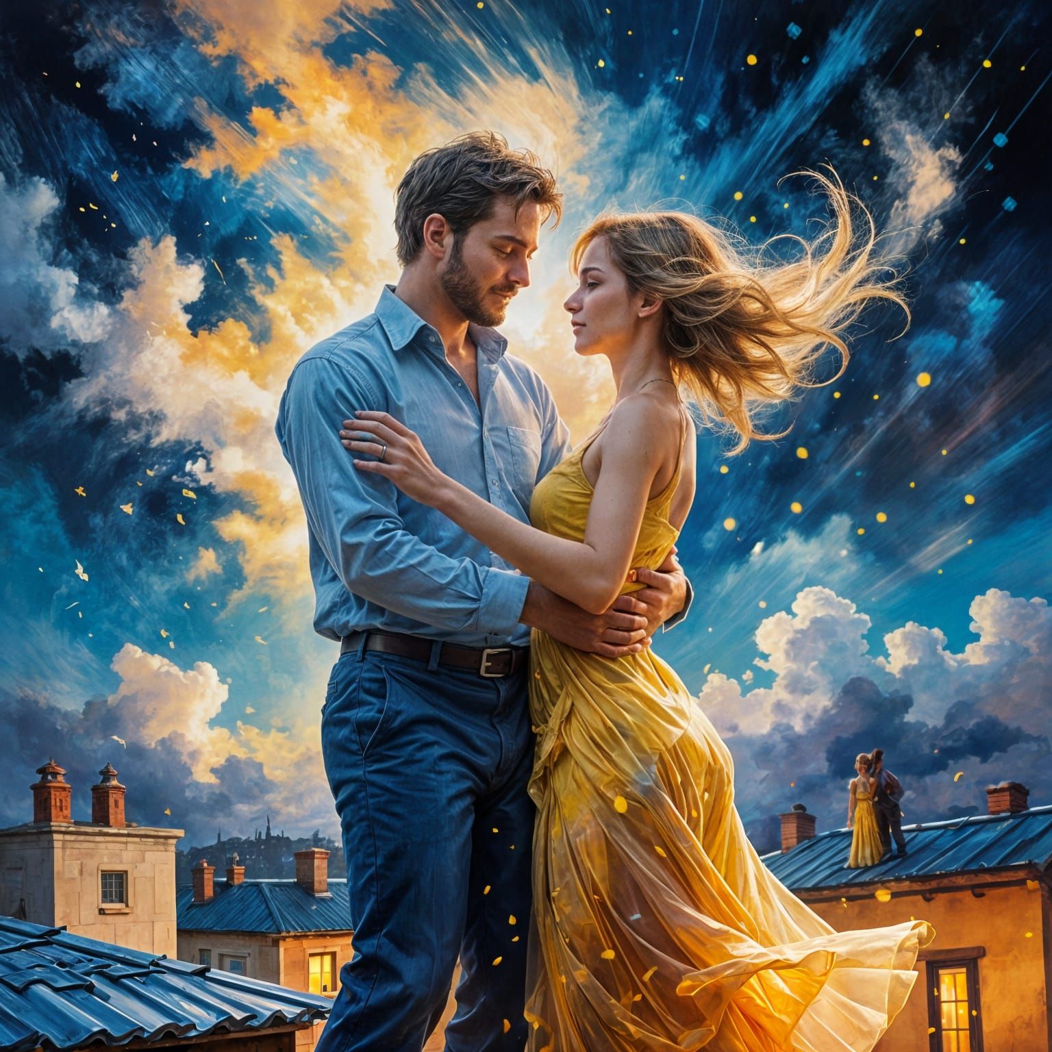 Romantic Couple Dancing on Rooftop in Ethereal Impressionist...