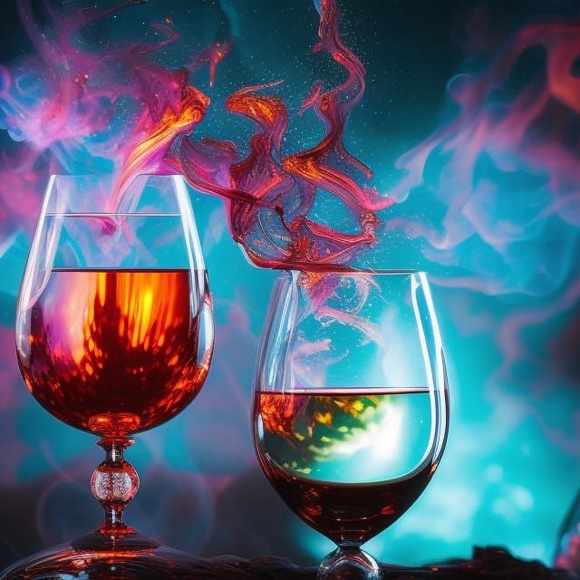 Ethereal Flames Erupt from a Wine Glass in a Dark, Mystical...