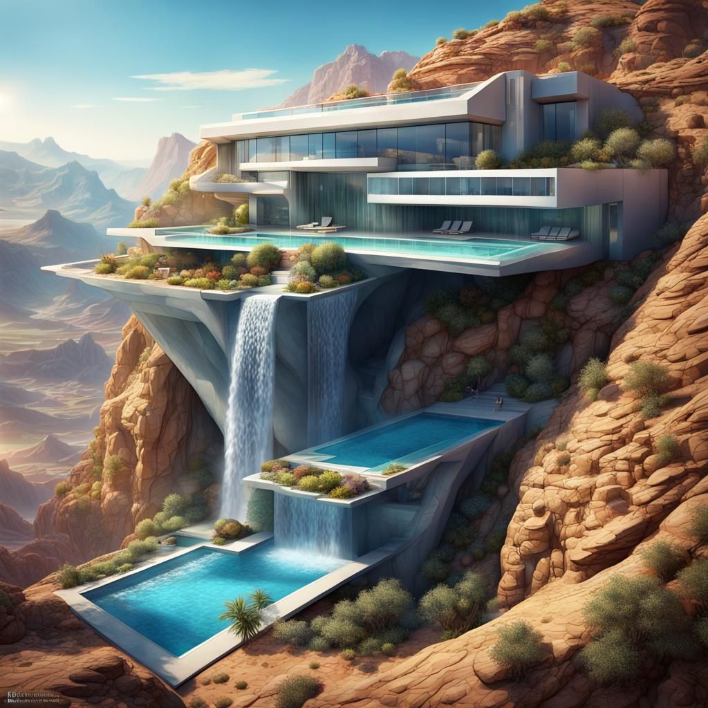 Futuristic Oasis Amidst Desert Canyon