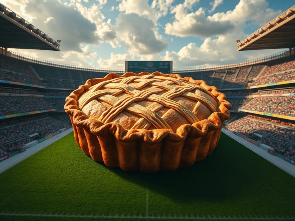 Golden Apple Pie Conquers Stadium Turf in Vivid Hyperrealism