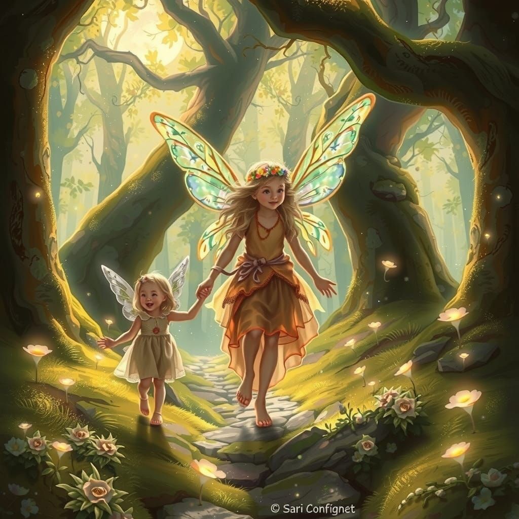 Enchanted Forest Fairy With Children Under Moonlight