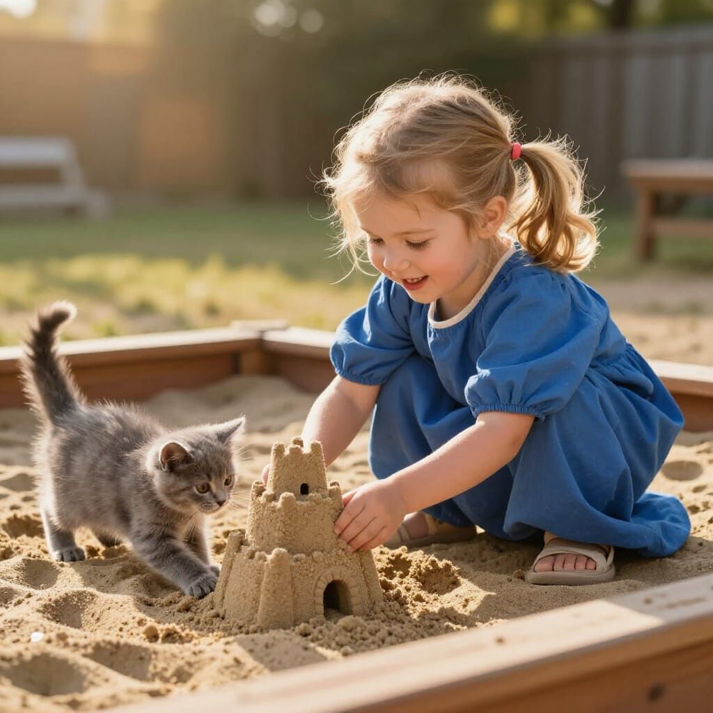 Young Girl and Kitten Play in Sandbox, Photorealistic Style