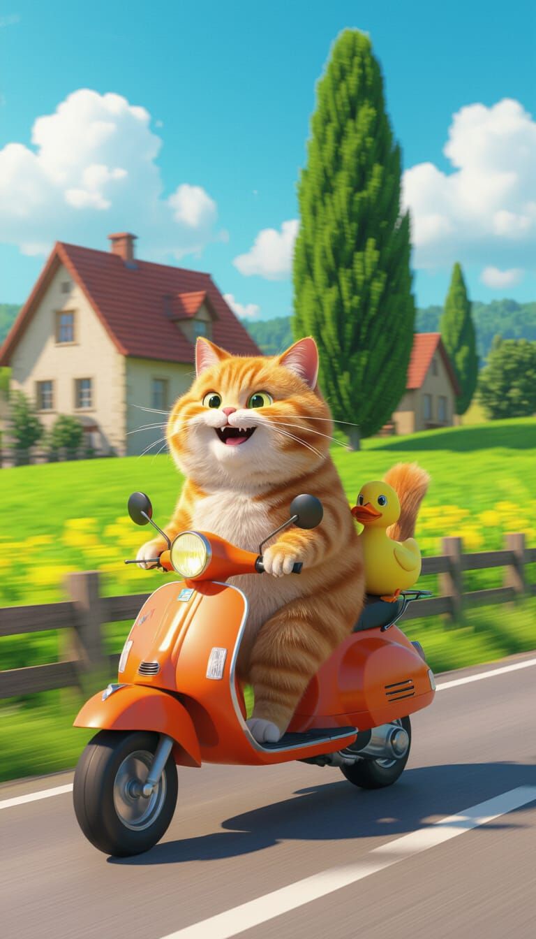 Orange Cat Rides Motorbike with Duck Companion in Cartoon St...