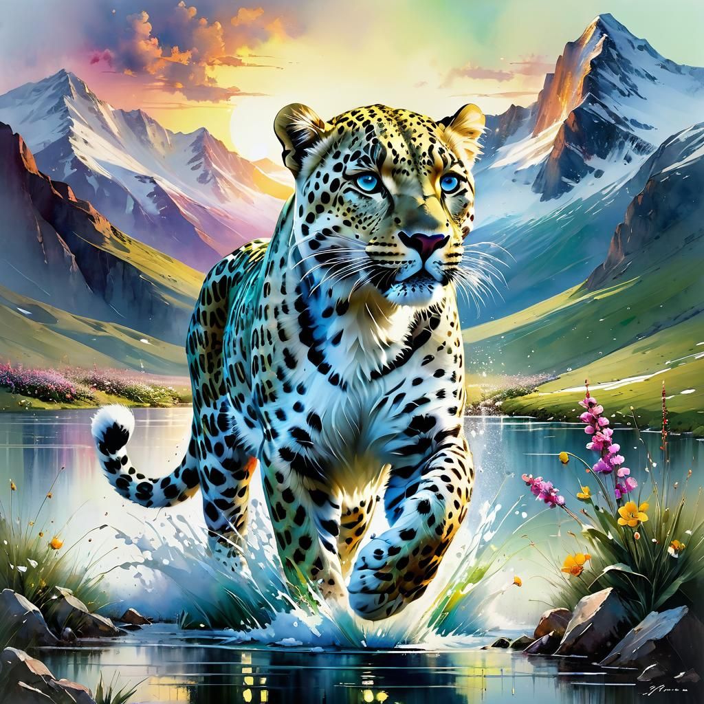 Surreal Watercolor Painting of a Majestic Mountain Leopard i...
