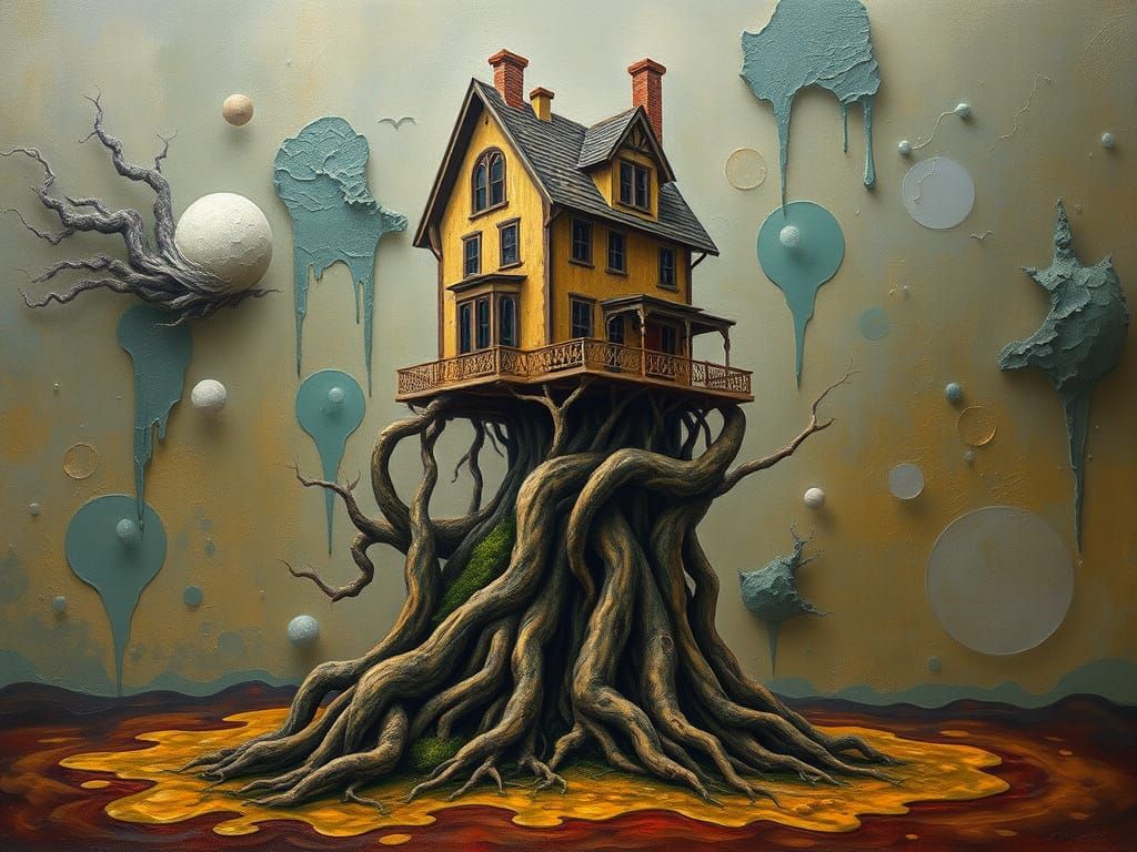 Surreal Root House Sinking into Earth, Oil on Canvas