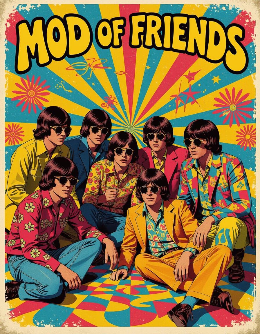 Psychedelic Mod Friends in Retro 1960s Style