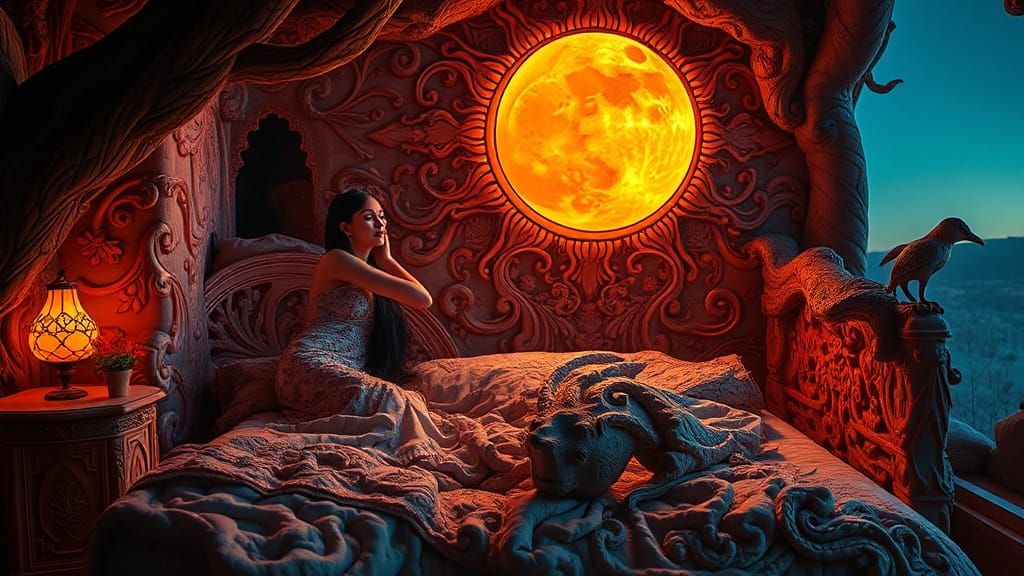 Surreal Goddess Rests in Luminous Celestial Bed