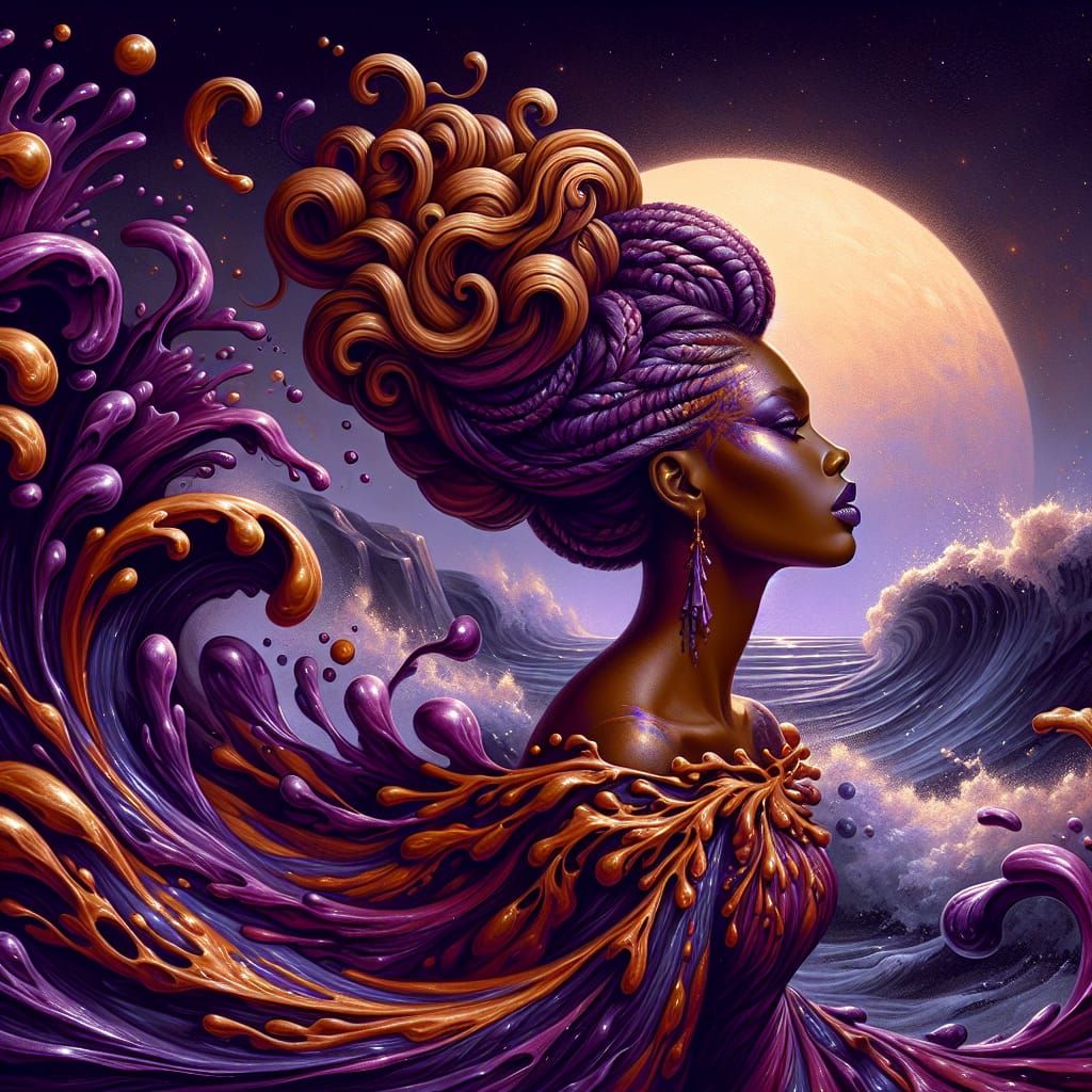 Fantastical Goddess Ascends from Crashing Waves on Moonlit S...