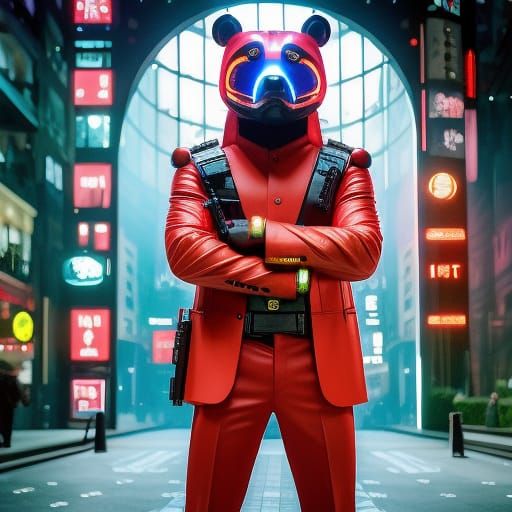Cyberpunk Panda Standing Before a Portal