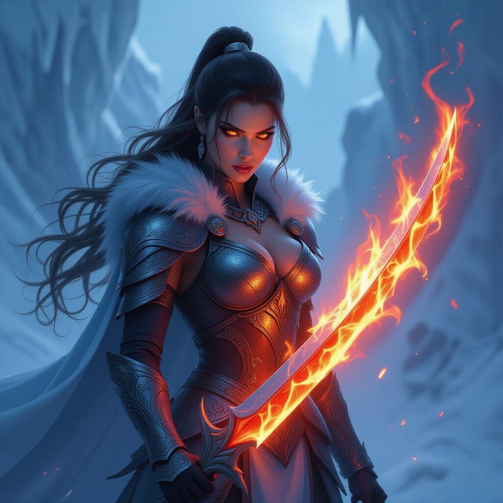Goddess of Ice and Fire Warrior with Flaming Sword