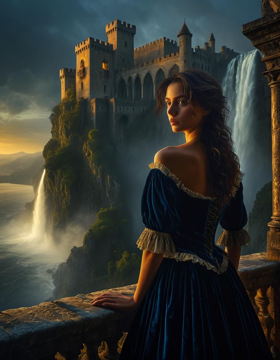 Woman in Velvet Petticoats Admires Renaissance Castle