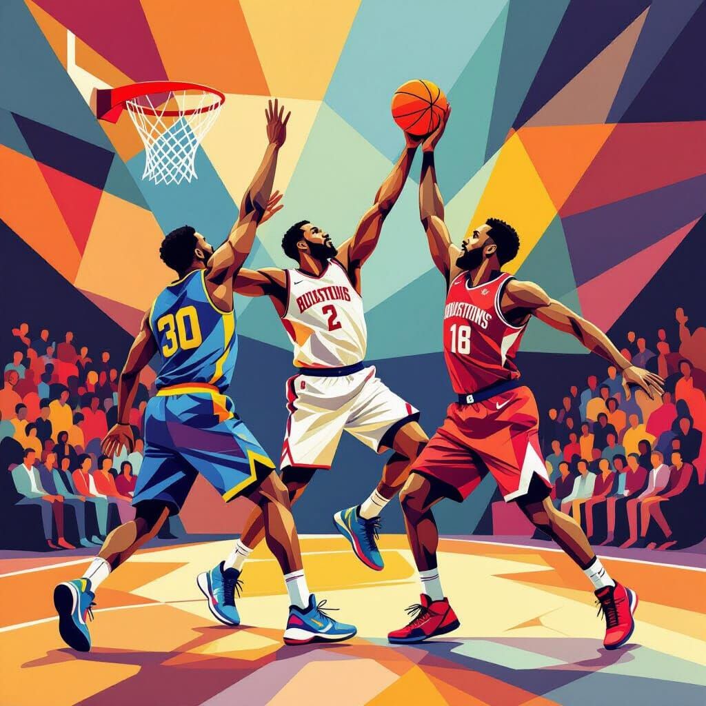 Geometric Cubist Basketball Players in Deep Colors