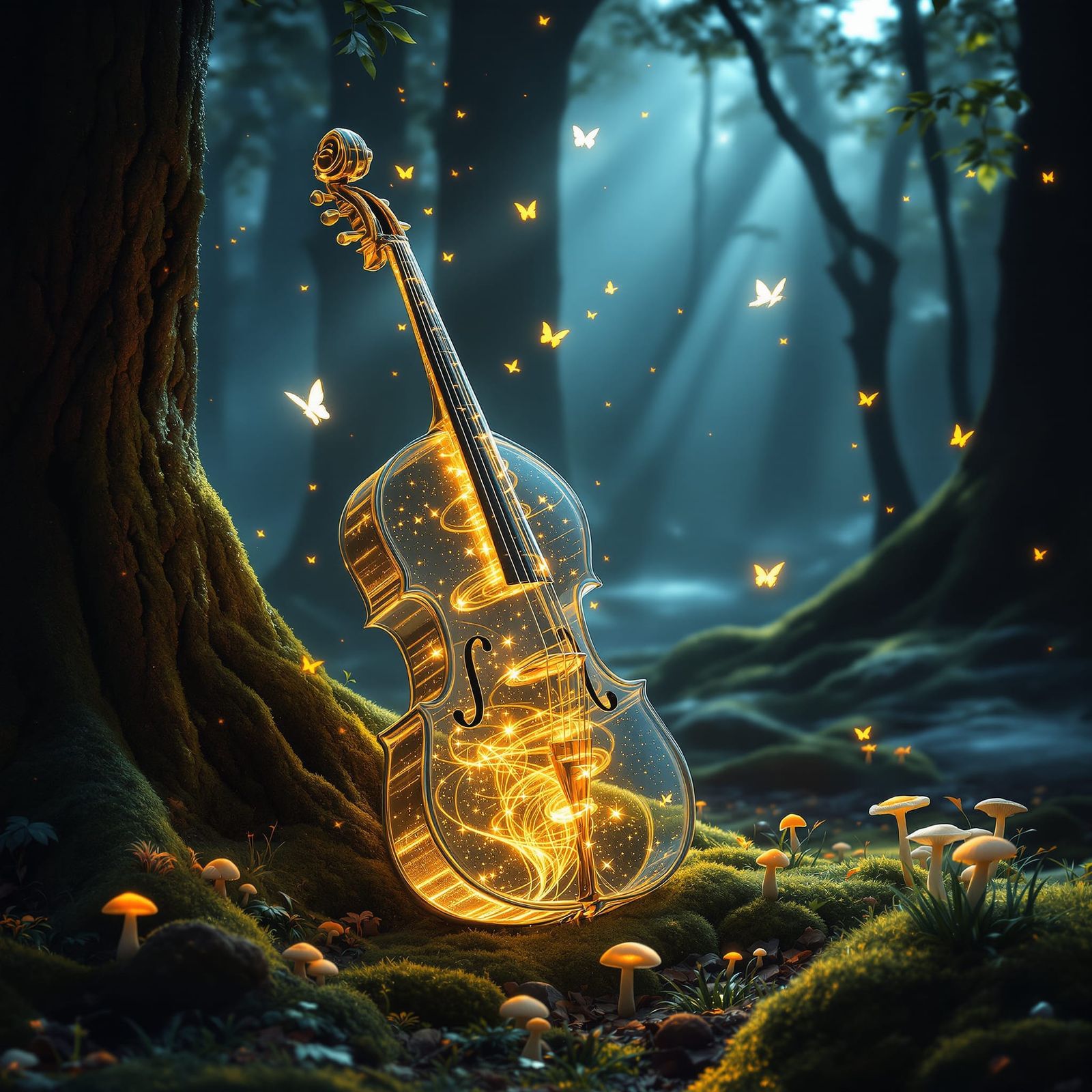 Glowing Glass Cello in Enchanted Forest at Twilight