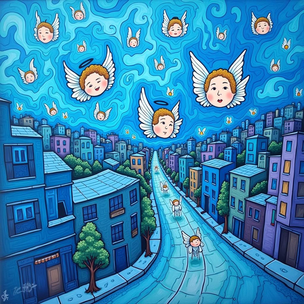 Surrealist Cityscape with Flying Angels