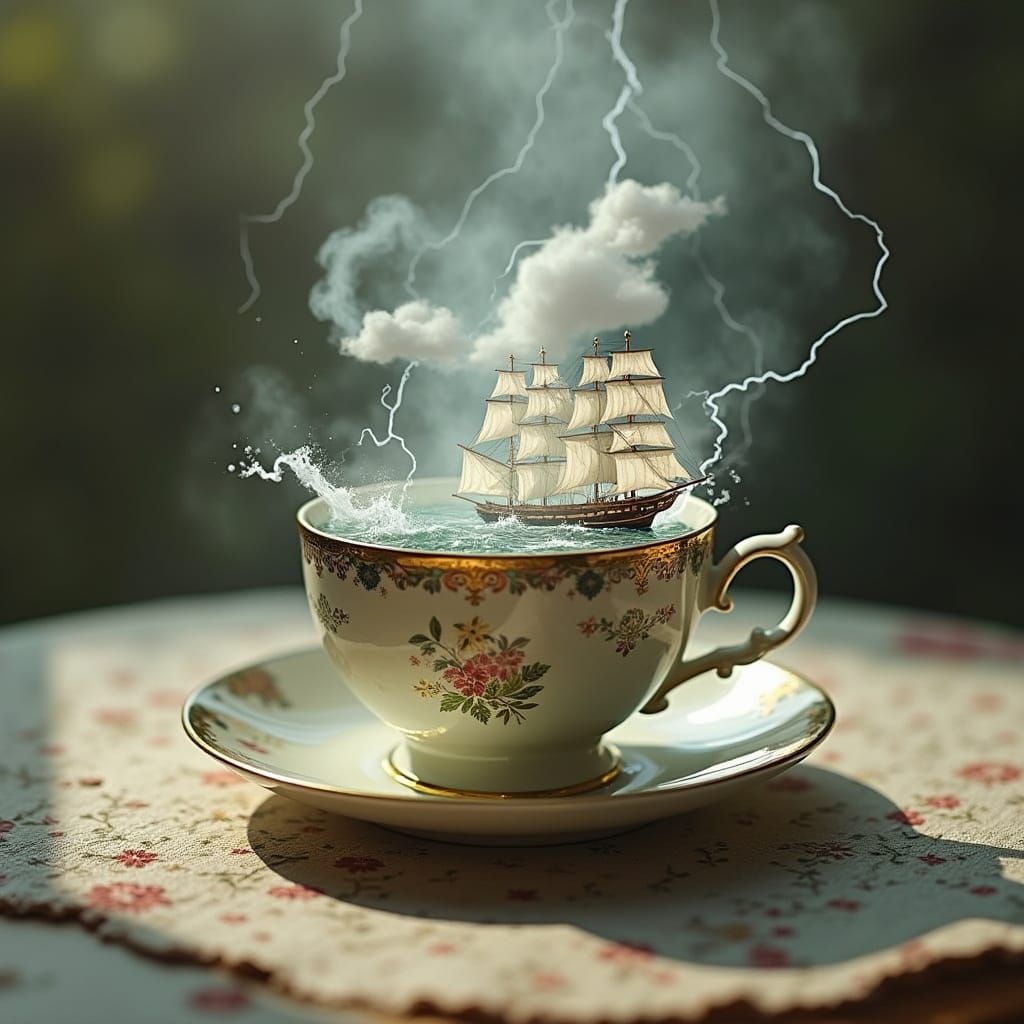 Whimsical Sailing Ship Capsizes in a Teacup Storm