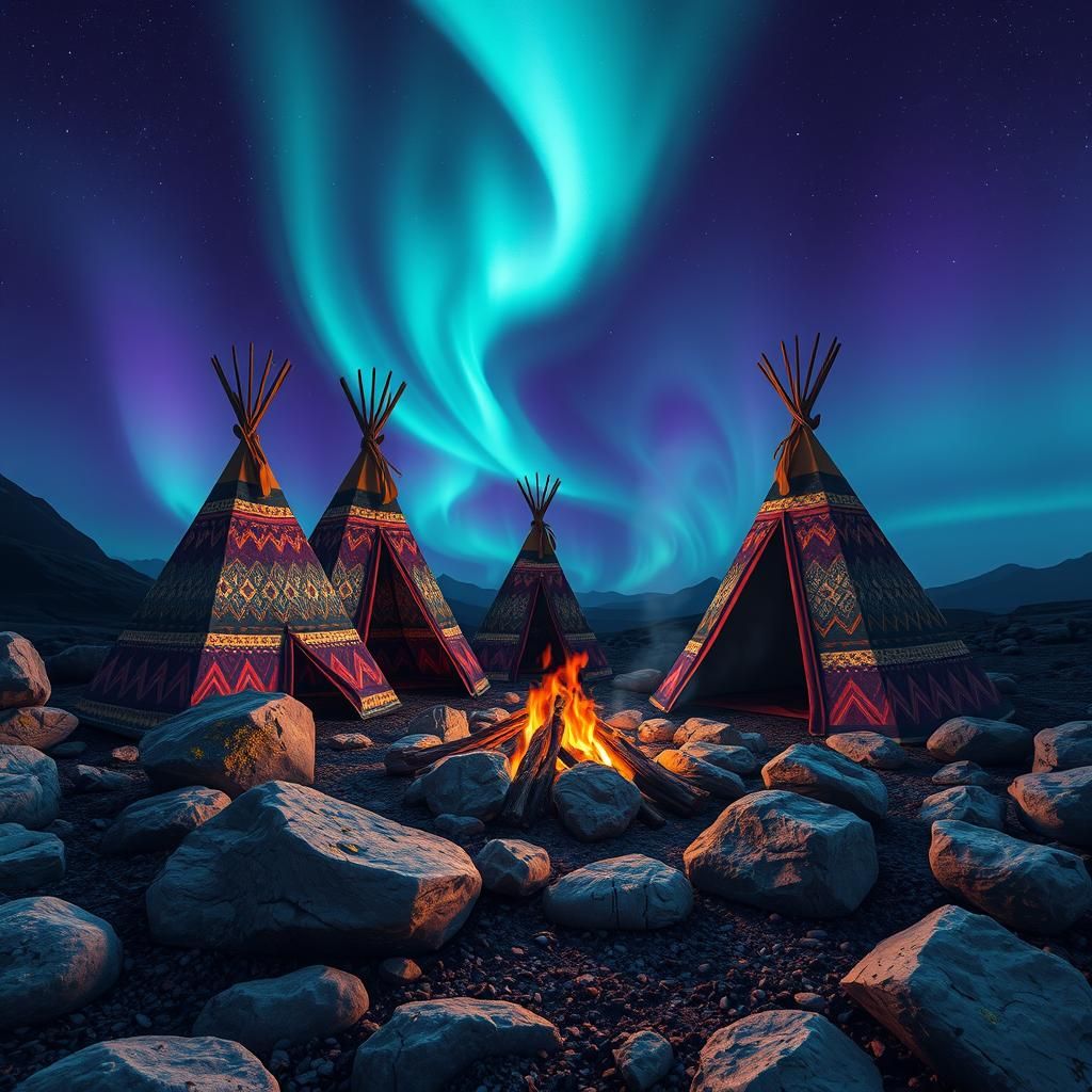 Campfire beneath Vibrant Tribal Tents against the Aurora Bor...