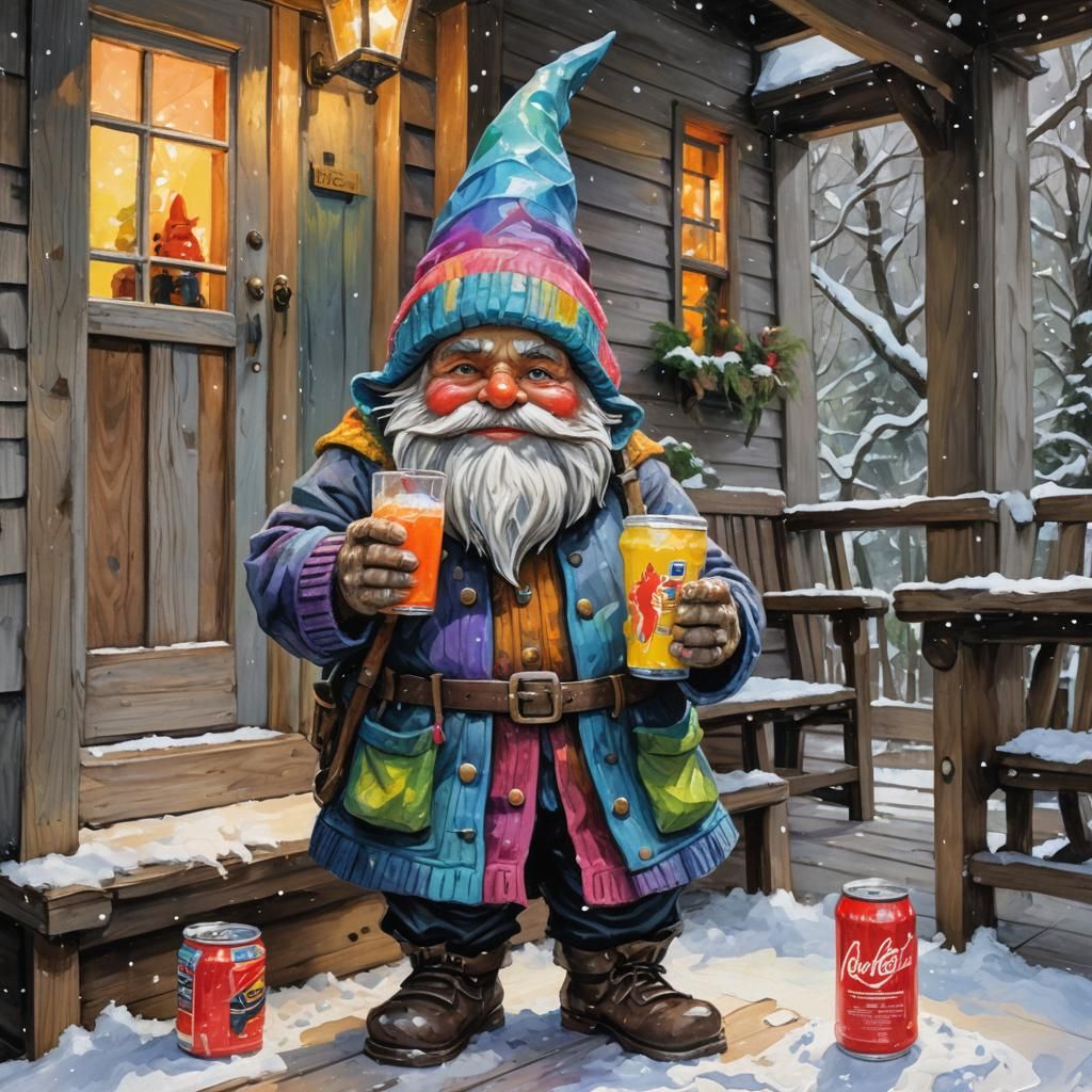 Gnome Drinking Energy Drink on Snowy Day