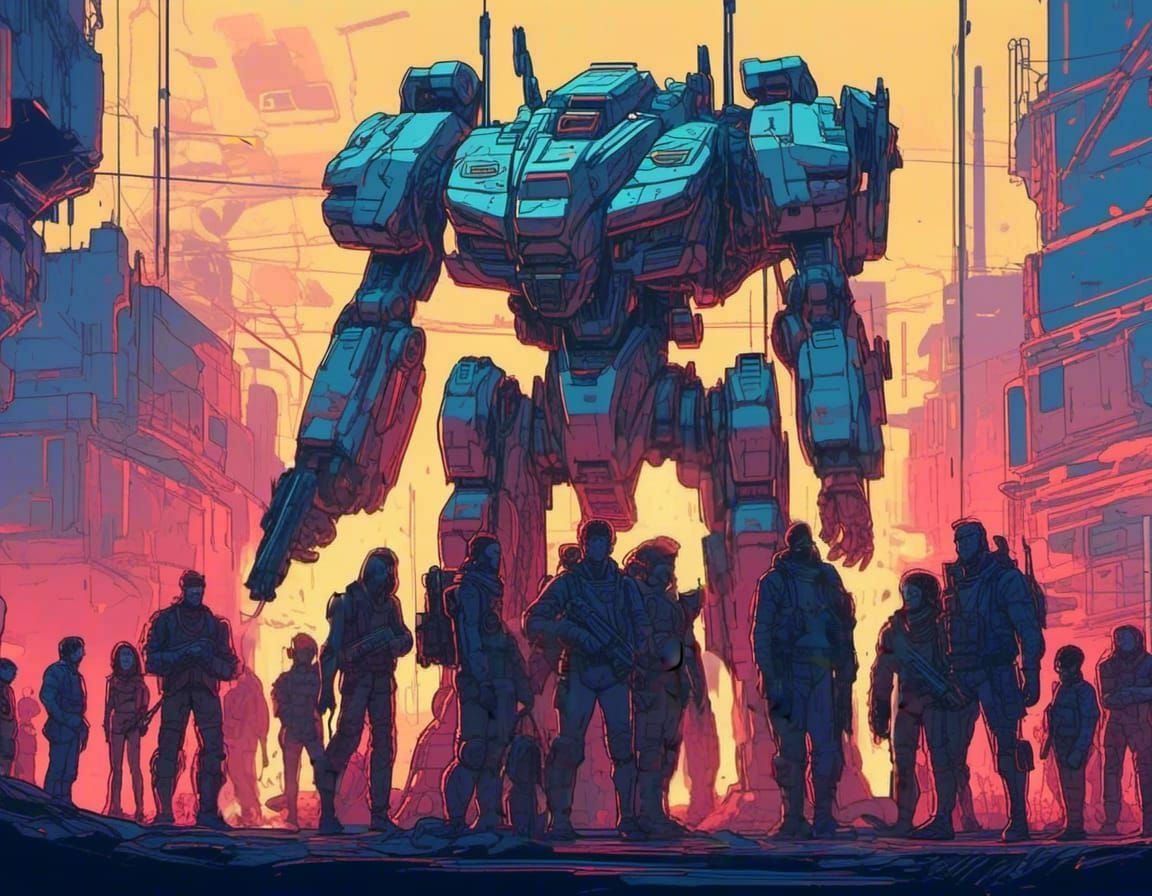 Mercenaries Gather Around Sleek Mecha in Happy Company Photo
