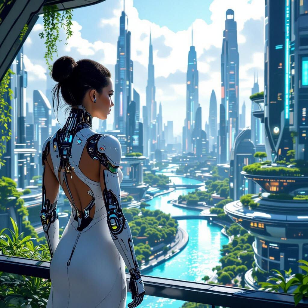 The image shows a futuristic urban environment with tall bui...