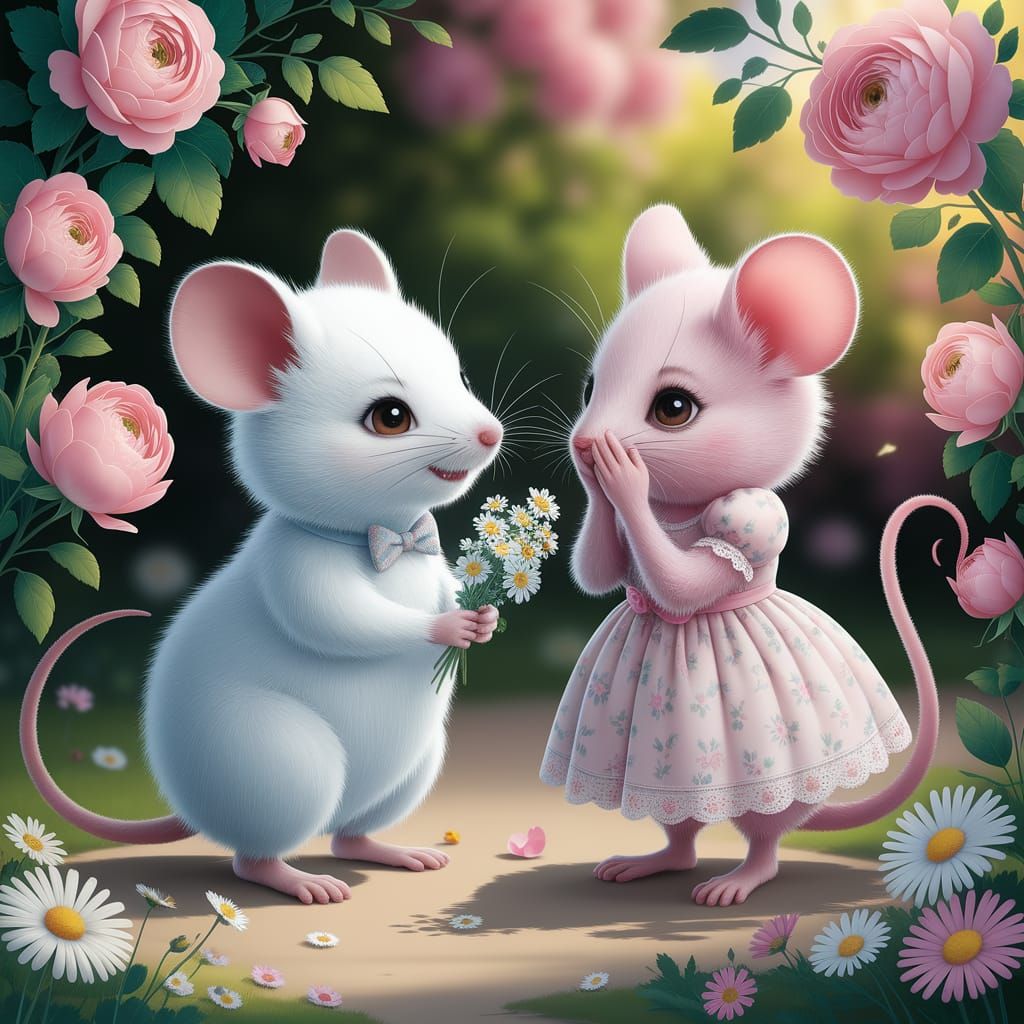 Mice in Love: Whimsical Floral Garden Scene