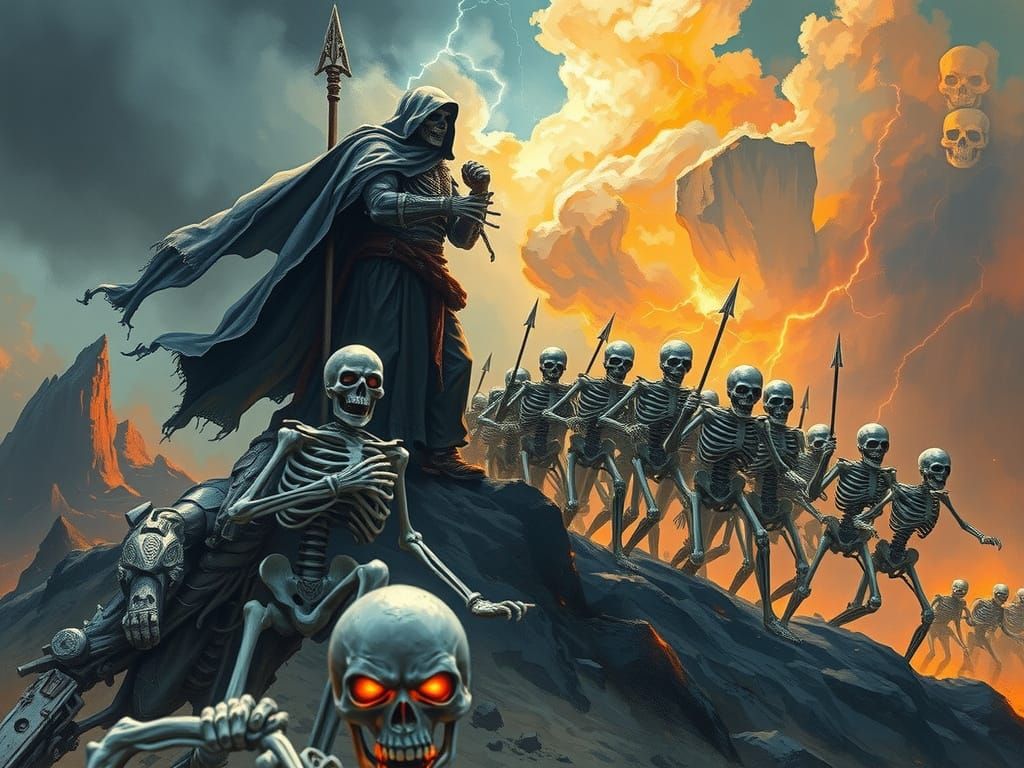 Dark Lord Commands Skeleton Army in Turbulent Stormy Sky