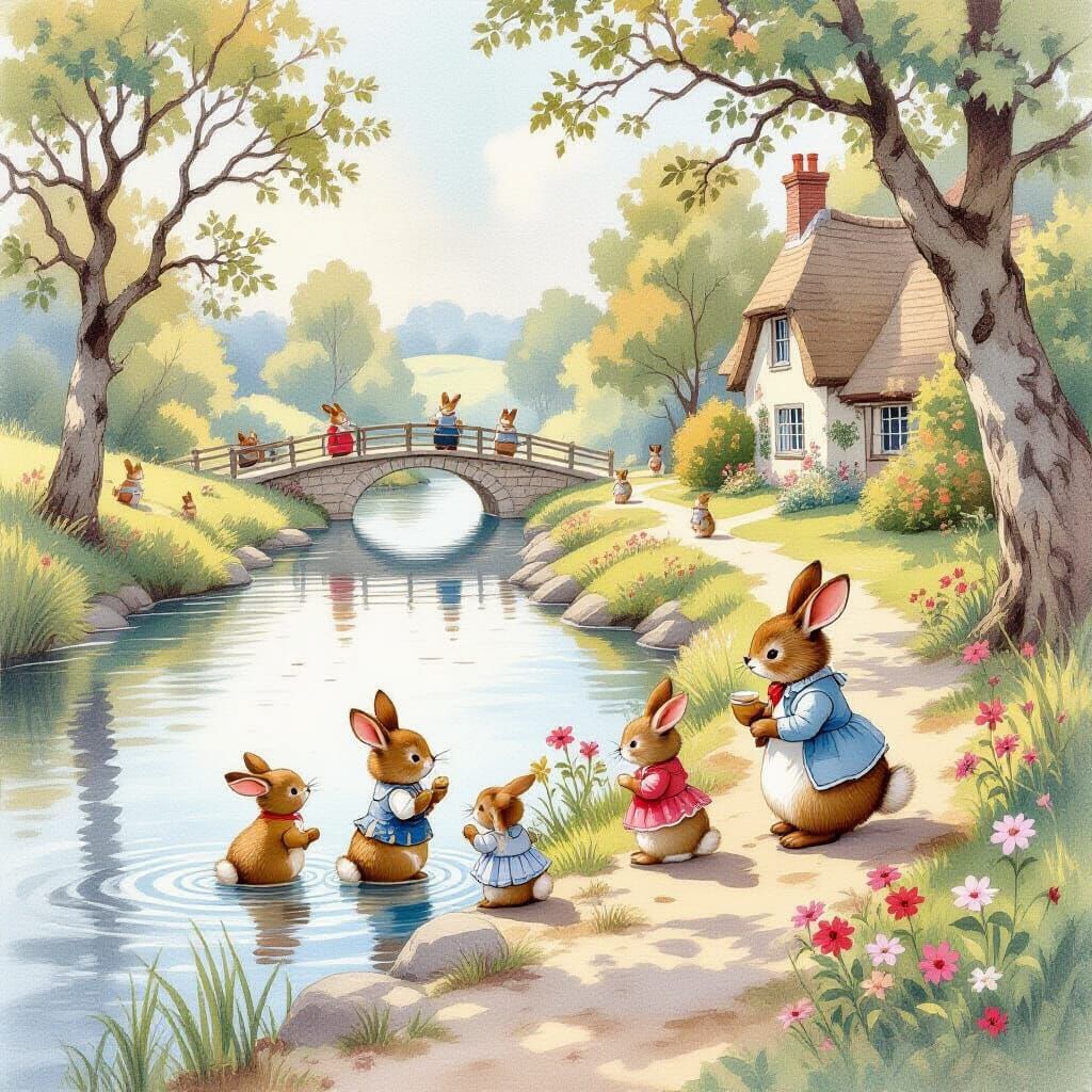 Whimsical Riverbank Animals in Potter & Rackham Style