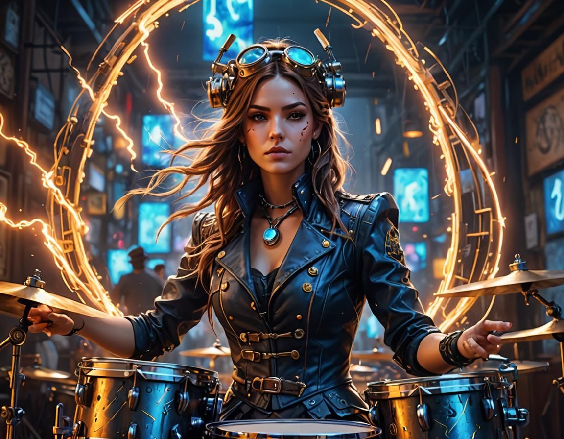 Vibrant Drummer Girl in a Surreal Steampunk Atmosphere