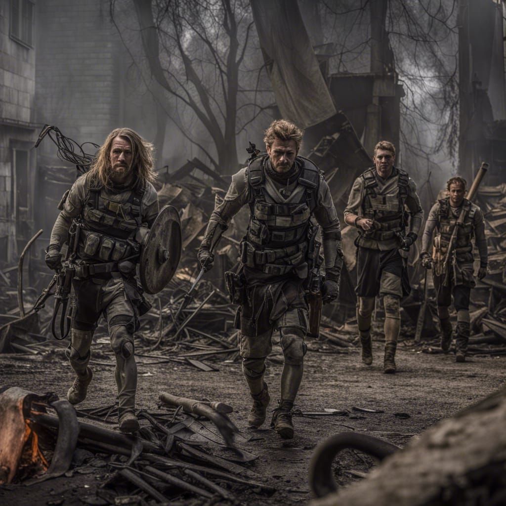 Group of firefighters, exhausted but triumphant, standing to...