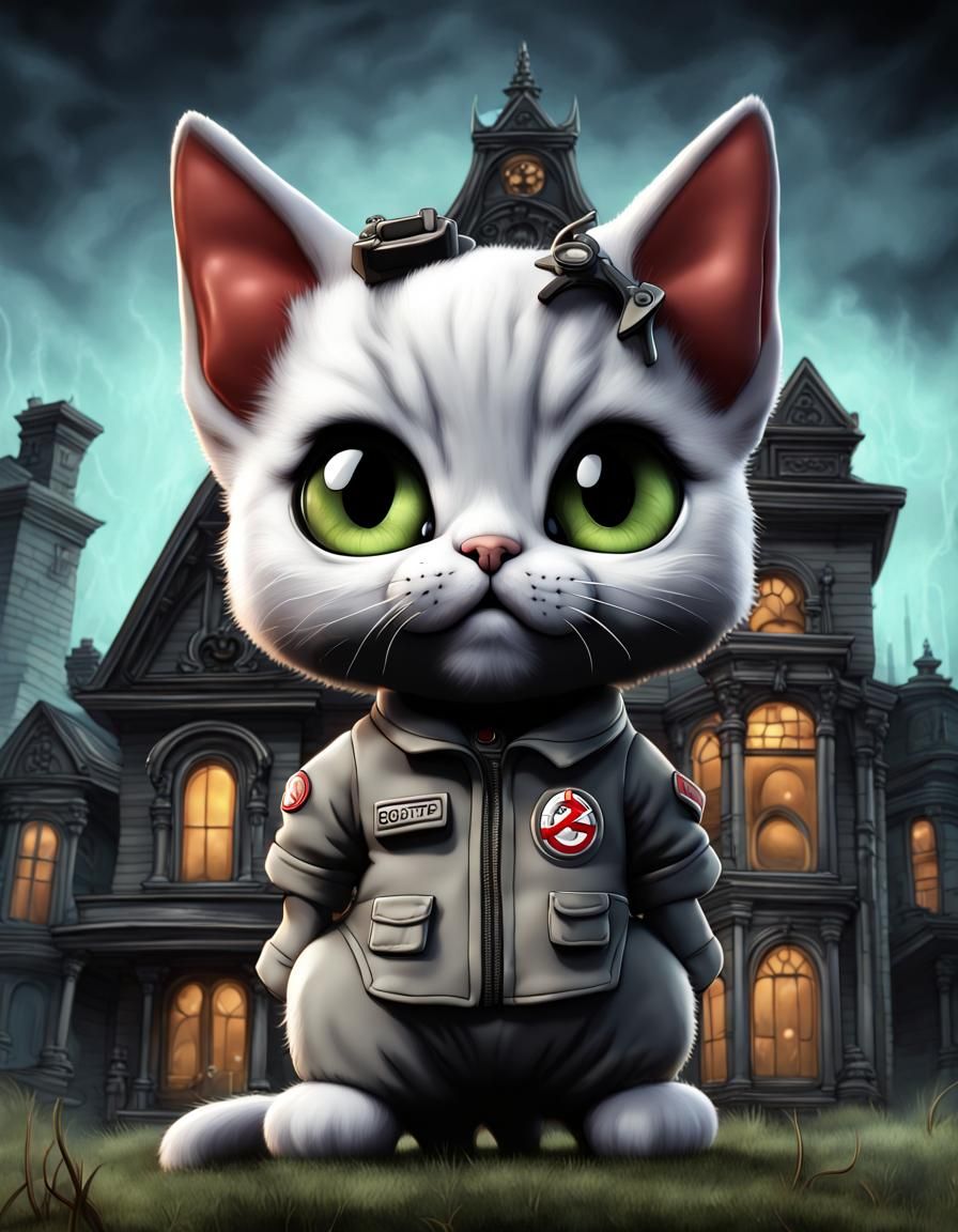Cute Ghostbuster Kitten in Gothic Haunted Mansion