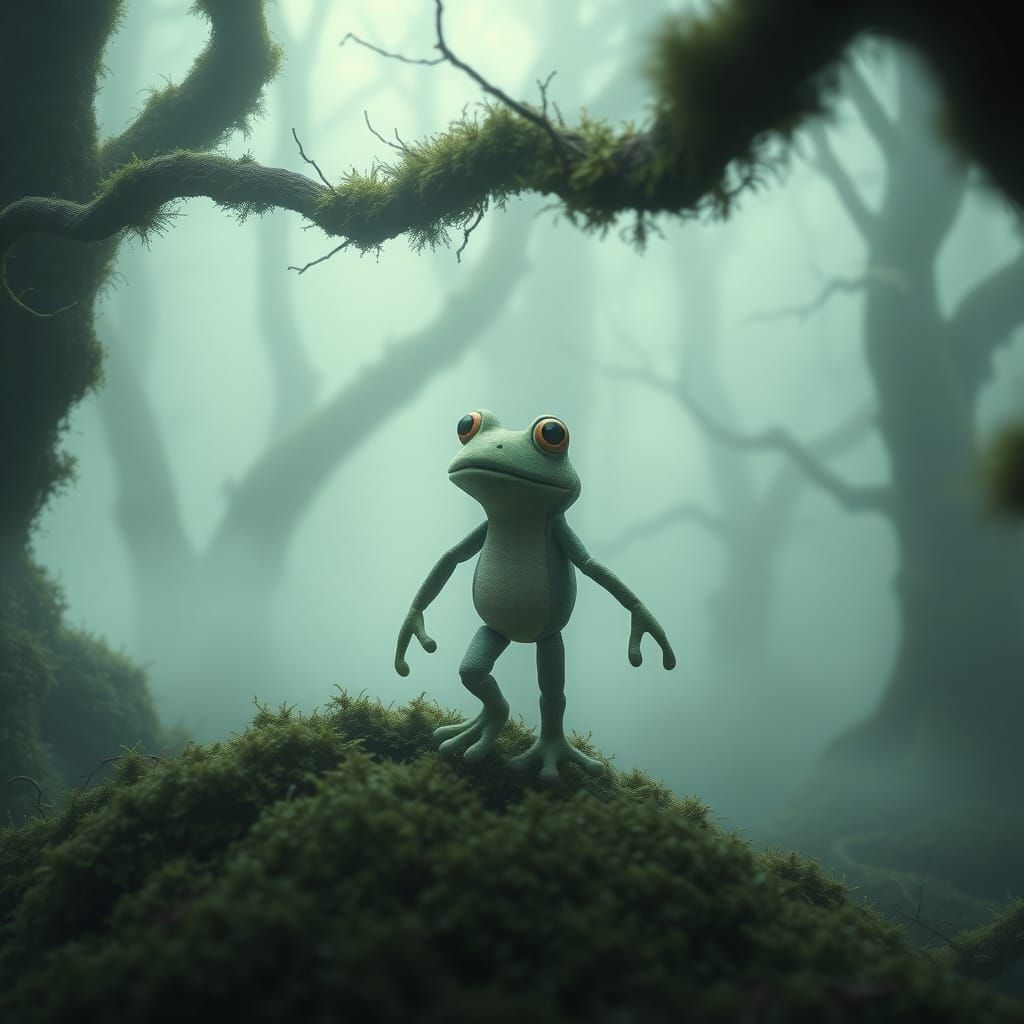 Whimsical Puppet Frog in Misty Woods Fantasy Art